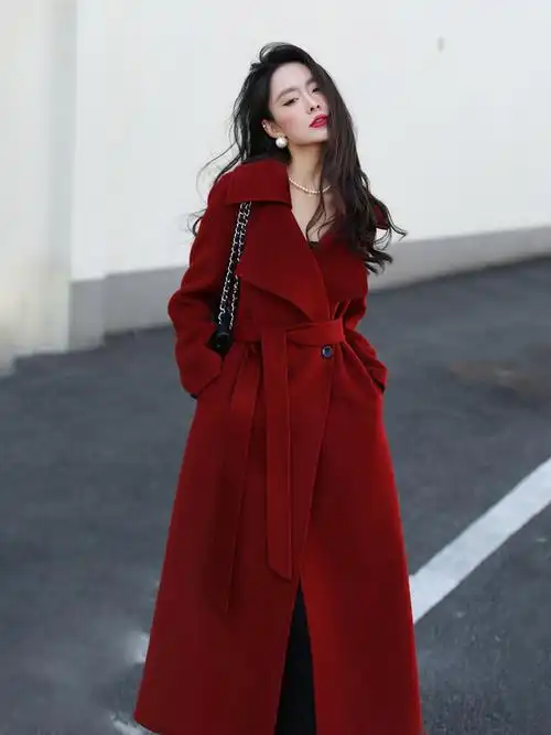 今年流行漂亮过年女装圣诞新年战衣感红色长款毛呢大衣外套冬