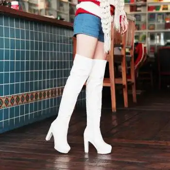 白领公社 粗高跟侧拉链过膝长靴子 白色 36