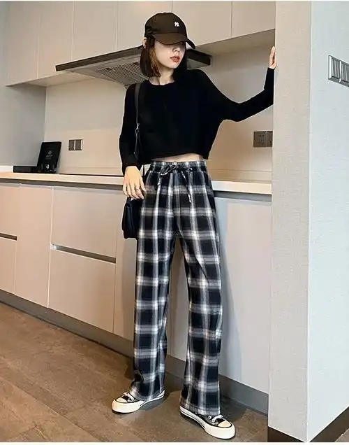 休闲裤女高腰黑白格子裤女春装宽松显瘦直筒垂感休闲裤港风复古阔腿裤