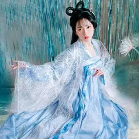 出租蓝色汉服唐朝齐胸襦裙大袖衫超仙显瘦年会学生跳舞古装仙女夏