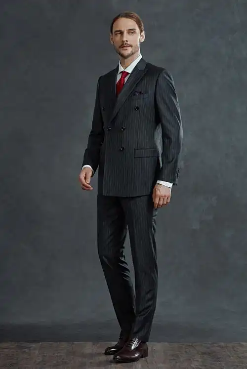 guillaume de mons纯羊毛西装男套装灰色条纹双排扣西服套装新郎结婚