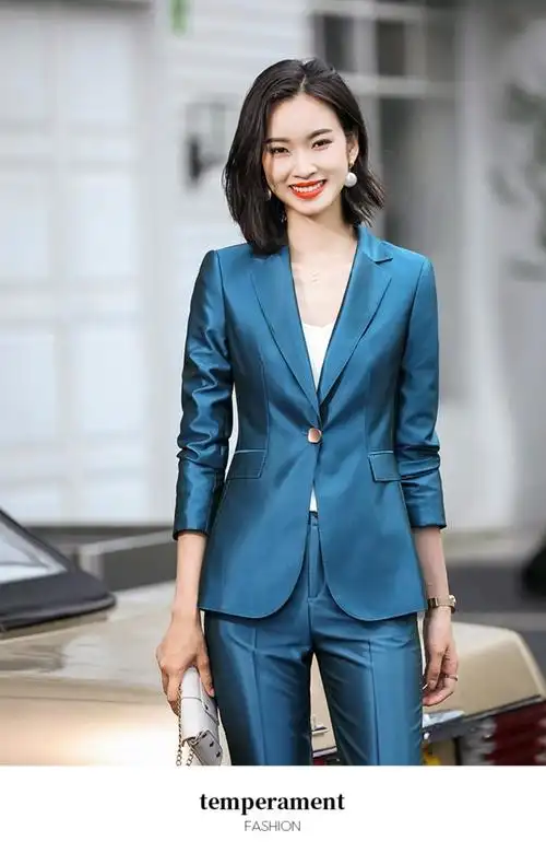 西装套装女】外套女春秋气质垂感醋酸缎面上衣女职业修身小西服套装