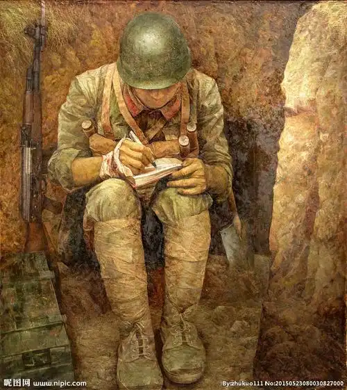 对越自卫反击战油画,一个士兵全副武装背靠着战壕写信的这幅油画叫什