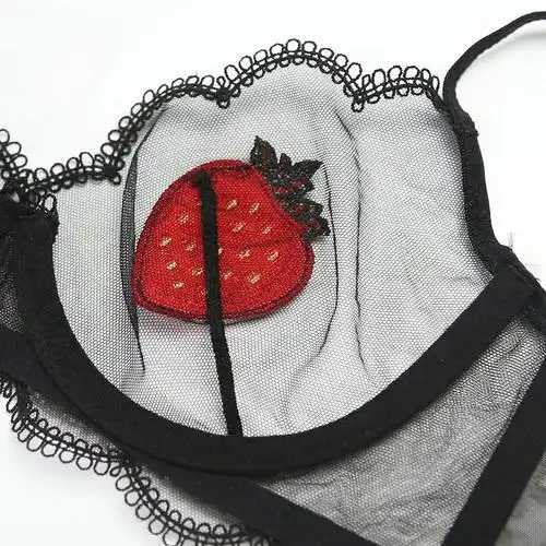 少女美屋网纱蕾丝水果草莓刺绣内衣薄款性感文胸超薄透明胸罩套装