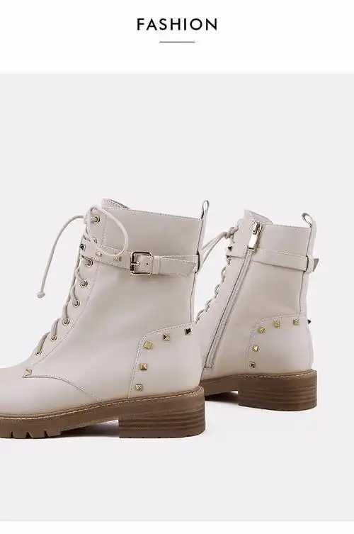 白色马丁靴女铆钉色非2019秋冬季新品中筒中跟帅气骑士机车靴d791 米