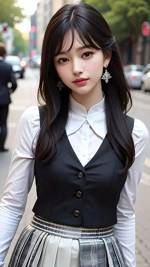 模糊世界深深爱:长发女孩紧盯你,佩戴着耳环和珠襯衫,黑发飘逸.