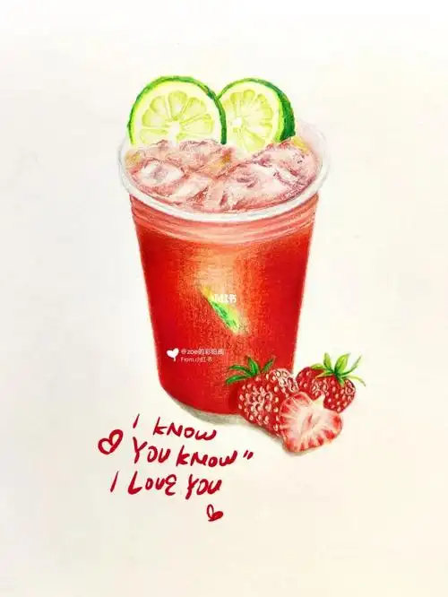 彩铅画草莓饮品