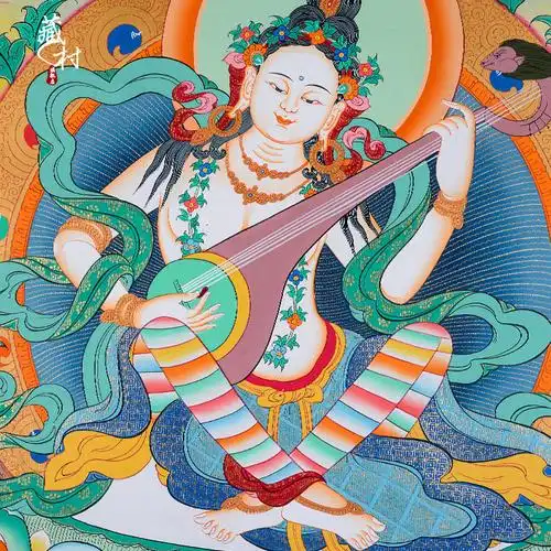 妙音藏村天女手绘唐卡装饰画菠萝格相框装裱佛母藏族唐卡