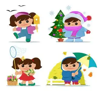 春天和冬天可爱的小女孩在四季节的性格.