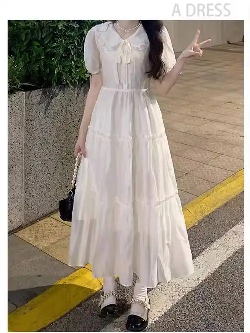 学院风白色连衣裙女2024夏季新款宽松法式初恋学生长