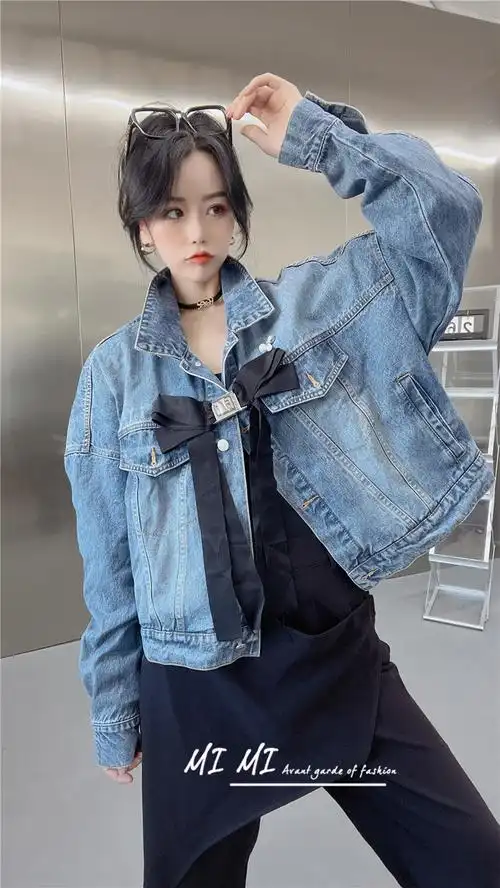 e公主欧洲站2022春季新款韩版卡扣蝴蝶结短款牛仔外套牛仔衣女