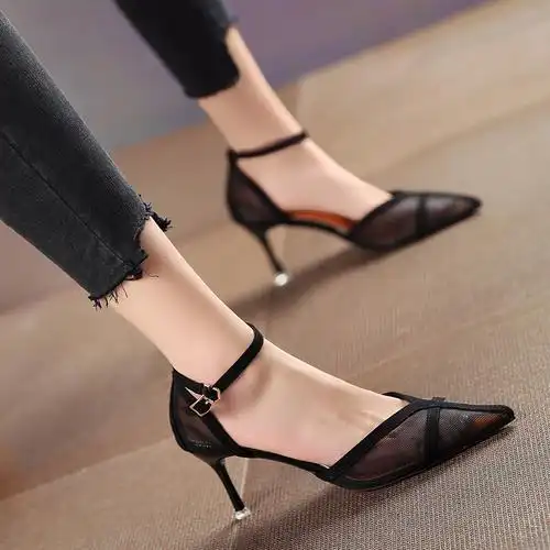 网纱中空高跟凉鞋女细尖头一字扣单透气宴会时装凉鞋