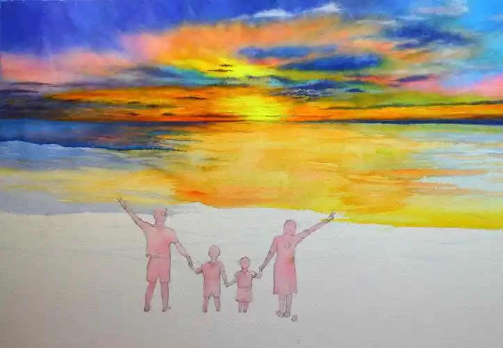 水彩画-一家四口