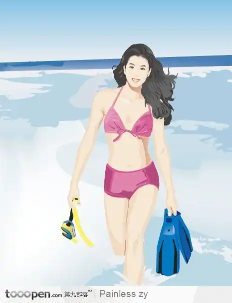 走在海水中穿泳装比基尼潜水的美女