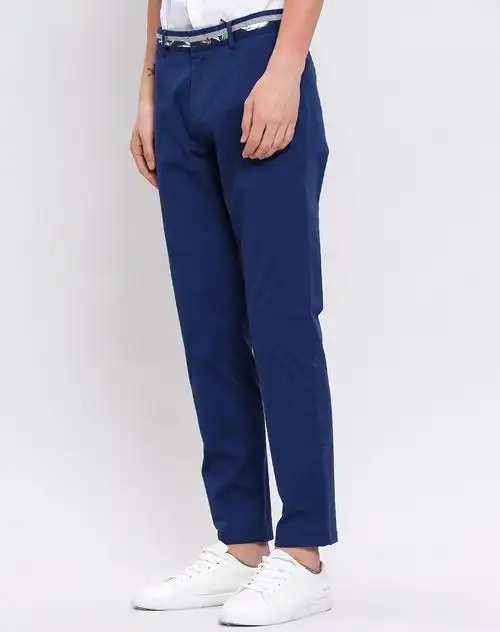 男装拼接腰头长裤藏蓝色