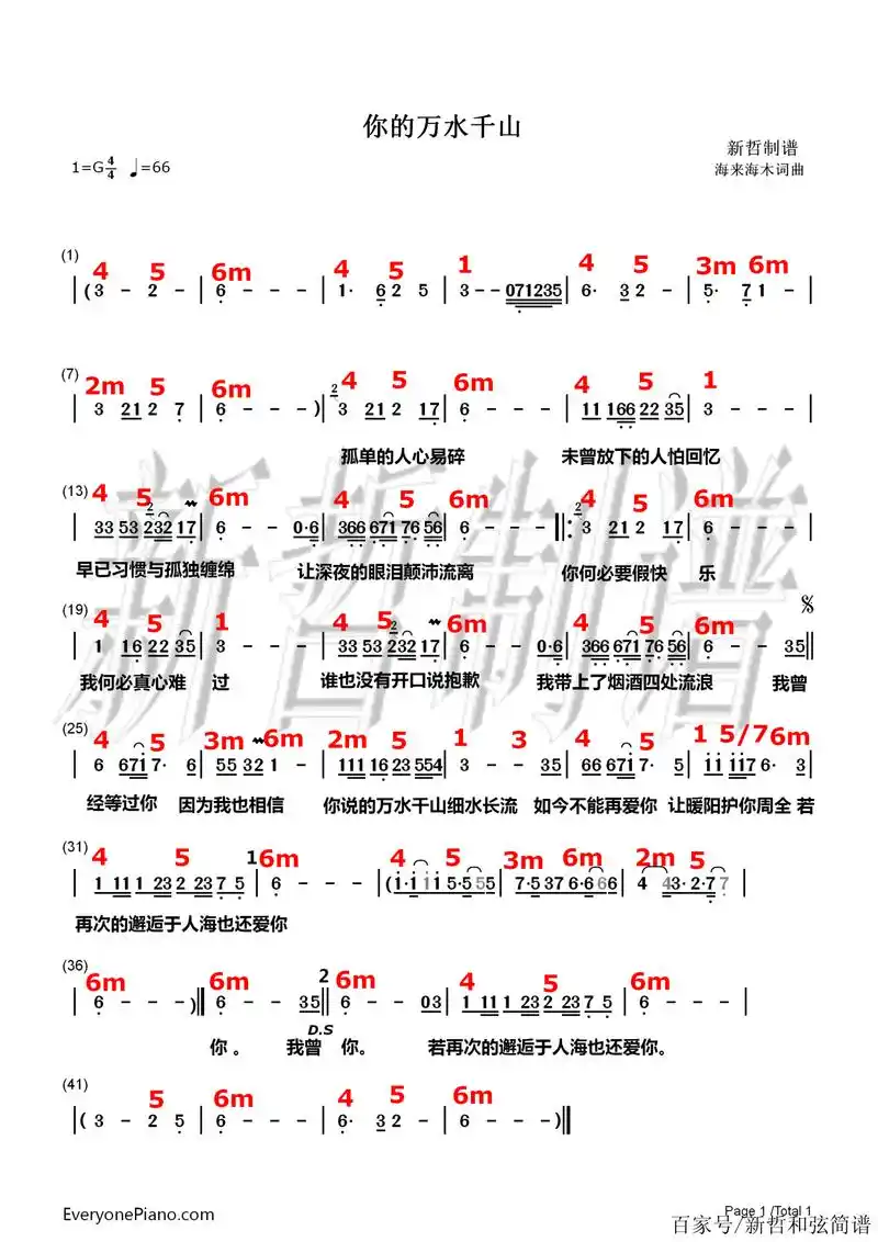 你的万水千山和弦简谱,电子琴谱