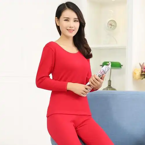 保暖内衣女冬加厚加绒修身女士u领内衣套装纯棉大圆领秋衣秋裤套 紫色