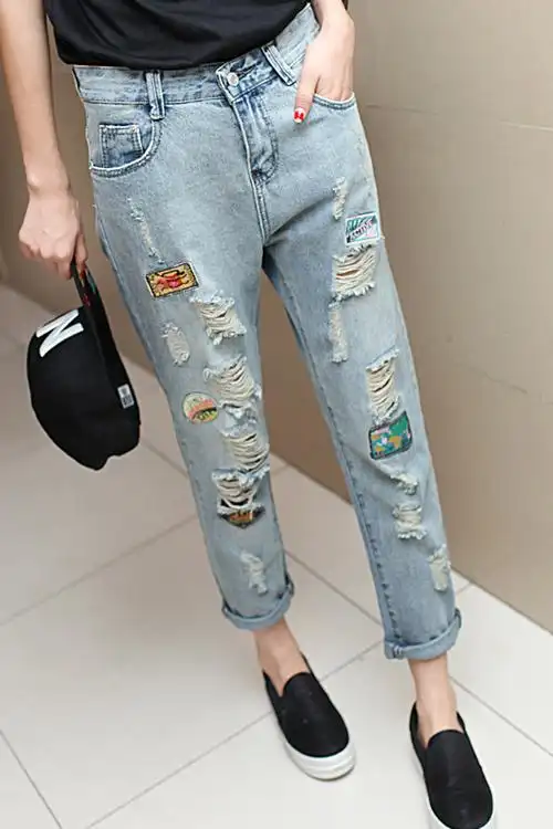 浅色磨破洞贴布补丁牛仔长裤女学生装宽松嘻哈伦潮 浅蓝 31