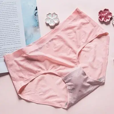 一片式无痕内裤女冰丝性感半透明红唇女士三角裤透气纯棉裆 _浅粉色,m