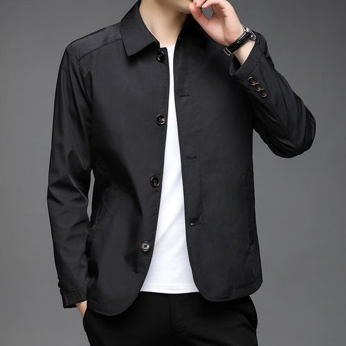 夹克男士商务行克领导干部翻领单西上衣纯色翻领潮流夹克 黑色 170/m