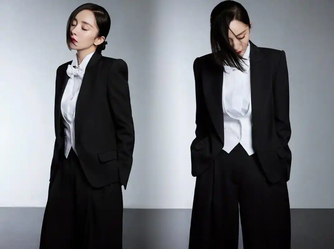 杨幂 全黑西装帅气酷飒,半面公主切搭配复古大檐帽67,摩登女郎造型