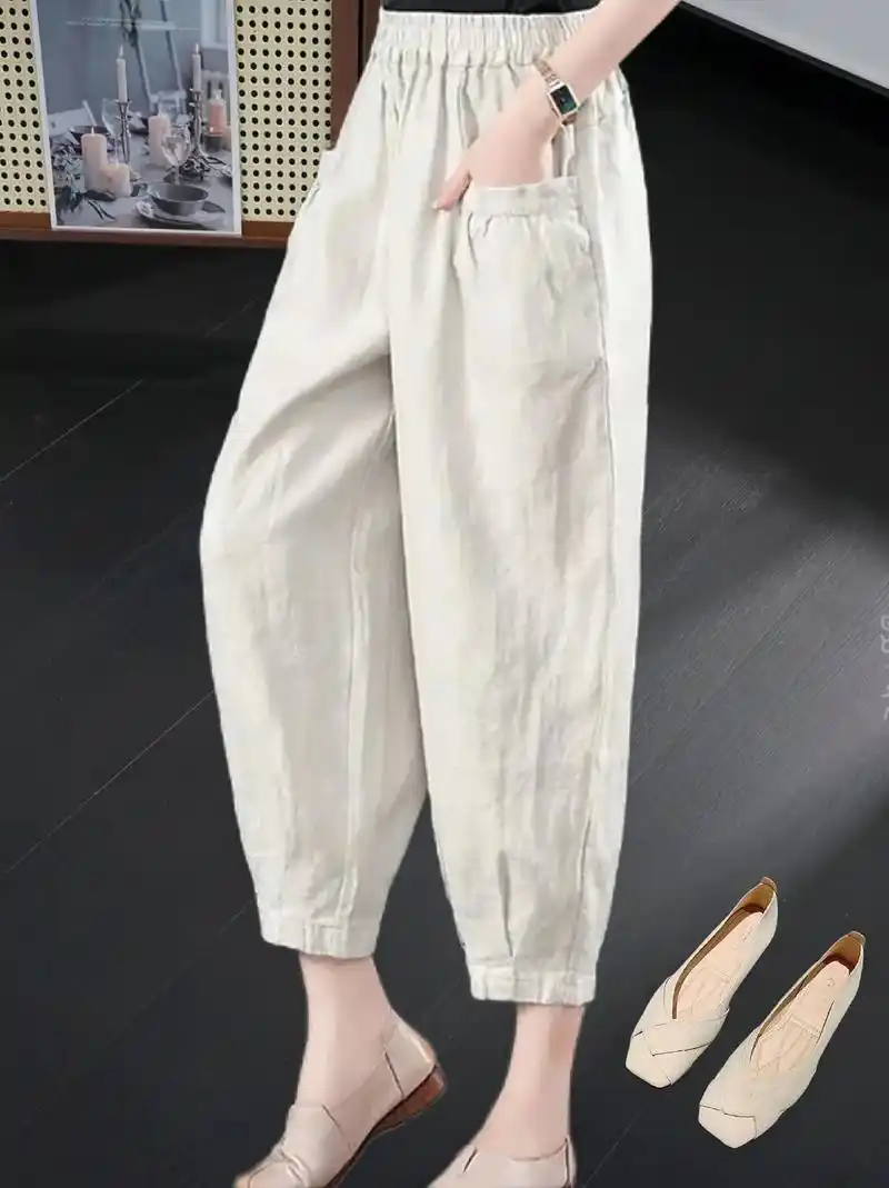 棉麻大码宽松九分裤