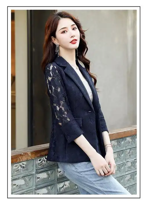 夏天旗袍外搭开衫雷丝蕾丝小西装外套女春装韩版镂空女士短外套小批肩