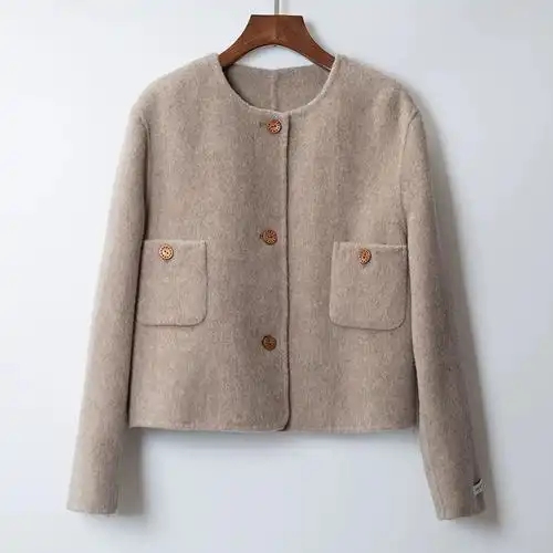 小个子双面羊毛大衣女2022秋冬新款圆领短款小香风羊绒外套加厚