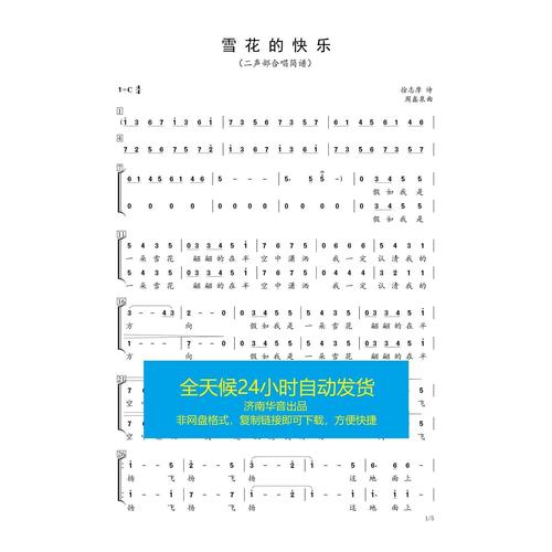 雪花的快乐二声部合唱简谱原调c调高清自动发货速发