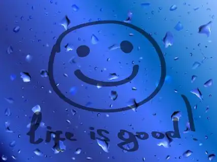 微笑.生活是美好的.在湿的玻璃上的题词