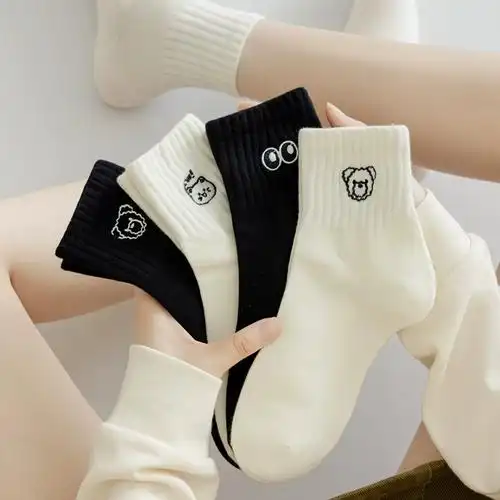 白色袜子女春秋款中筒袜纯棉100全棉防臭设计感刺绣运动短筒棉袜