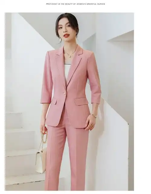 时尚粉色休闲西装外套女2024春季新款高级感气质小个子西服套装 - 17