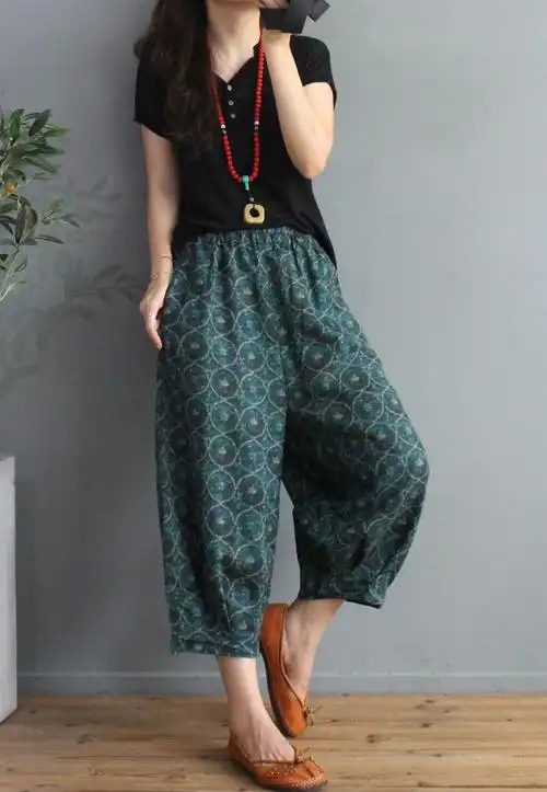 复古宽松七分松显大码文艺新款夏季2020灯笼裤休闲裤