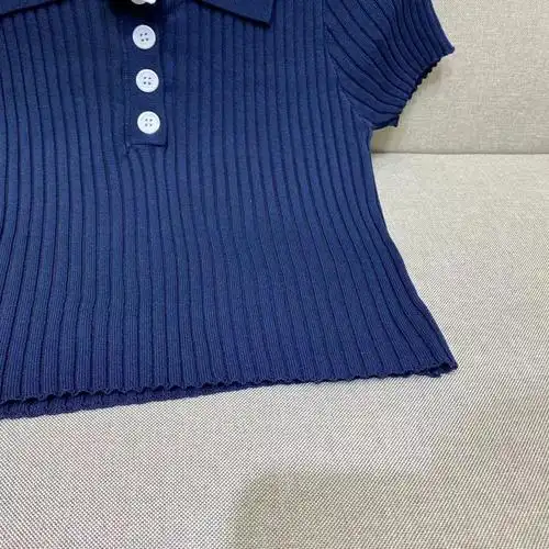 赵露思同款藏蓝色polo领针织短袖t恤女修身显瘦纯色短款螺纹上衣 - 17