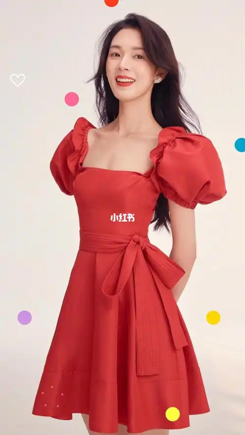 明星穿搭|演员@陈瑶 in self-portrait 红色泡泡袖收腰连衣短裙