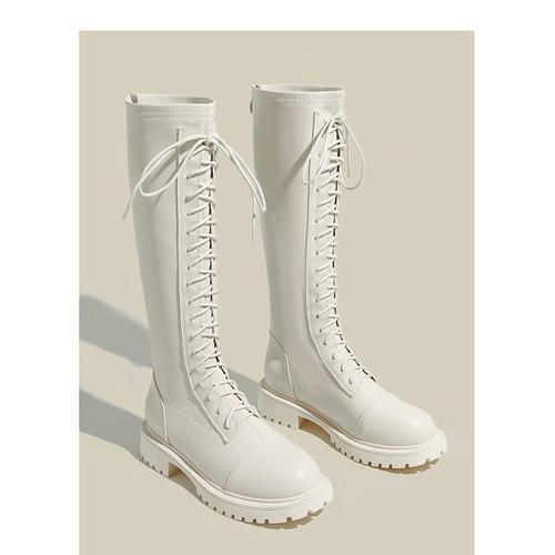 冬季加绒长筒靴女马丁骑士靴系带厚底高筒靴子白色长靴2023年新款