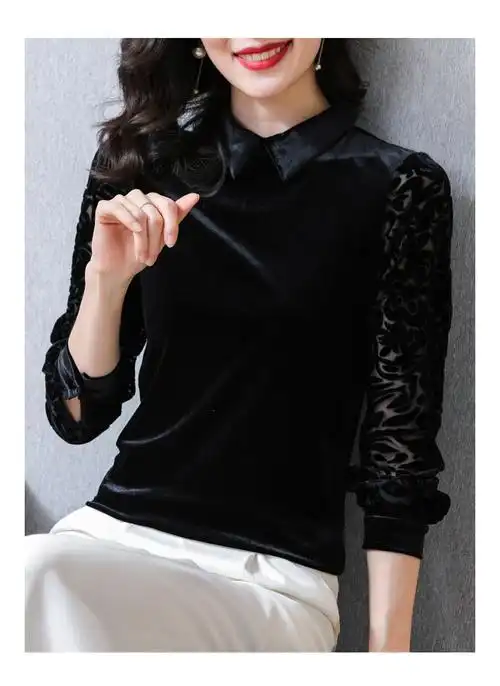 高档秋冬轻奢金丝绒长袖打底衫女内搭外穿百搭女上衣女装洋气 黑色 m