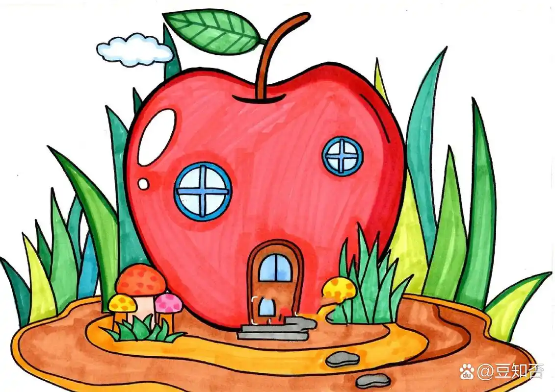 苹果房子简笔画马克笔儿童画(附线稿)
