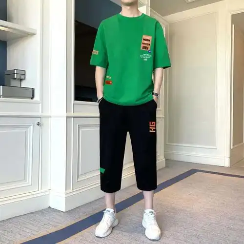 leone休闲运动套装男青少年七分裤夏季薄款短袖t恤男装搭配一套帅气潮