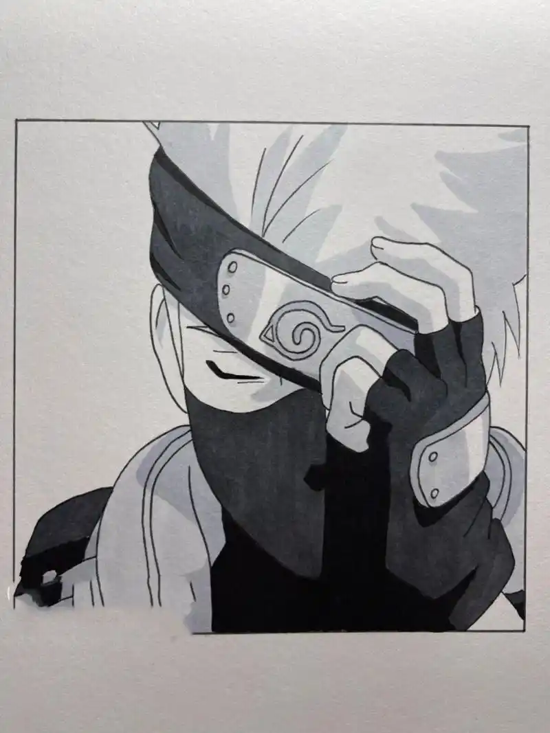 手绘|火影忍者卡卡西 附过程 7415卡卡西黑白手绘过程 7515
