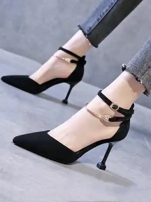 2021春新款一字扣带包头凉鞋女法式少女尖头仙女风细跟性感高跟鞋