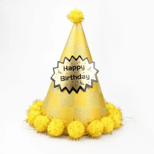 生日快乐小王子公主金色闪粉儿童绒球生日帽派对帽小尖帽生日装饰