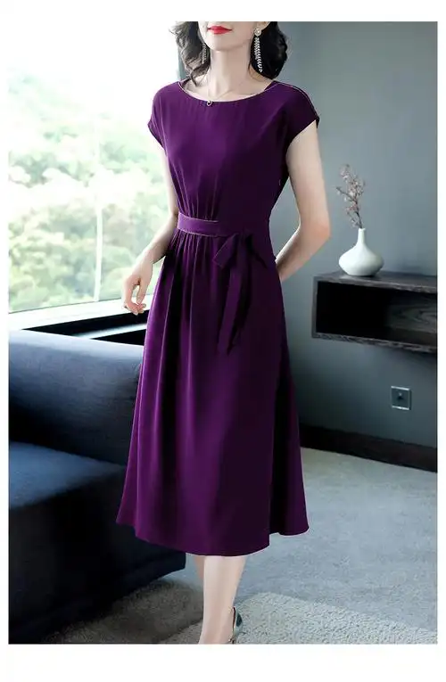 皮尔卡丹轻奢品牌高档女装紫色连衣裙高端气质2022新款夏装长款仿醋酸