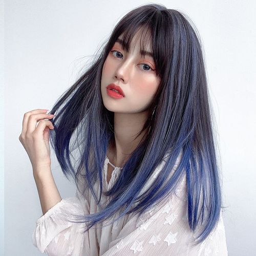 假发女中长发挑染自然网红渐变雾霾蓝全头套式逼真长直发整顶发套