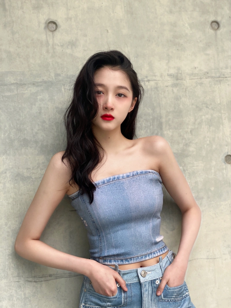 原创关晓彤不当模特可惜了抹胸配牛仔裤气场全开又高又瘦美得高级