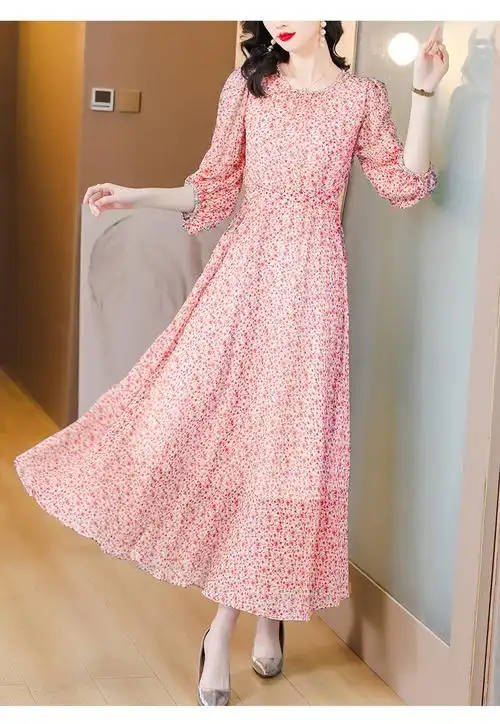 2024新款春夏樱花粉色花色桑蚕丝飘逸大摆长裙真丝连衣裙钉钻气