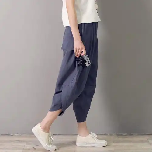 夏季新品棉麻裤子子女宽松九分裤大码亚麻哈伦休闲裤