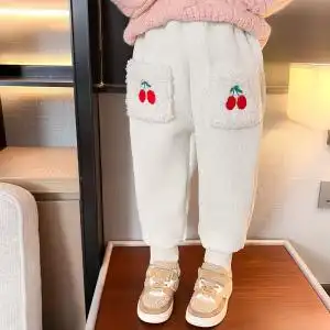 女宝宝雪尼尔樱桃加绒裤子秋冬款幼儿园宝宝神裤小女孩加厚外穿裤