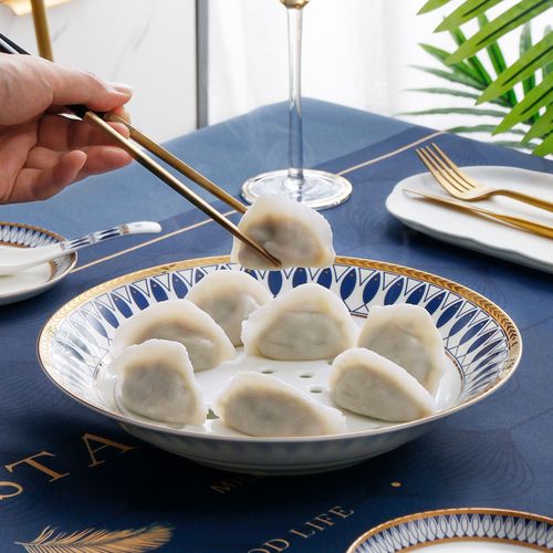 瑞玖 家用骨瓷饺子盘沥水盘控油盘10英寸大号双层盘子水果盘吃饺子盘