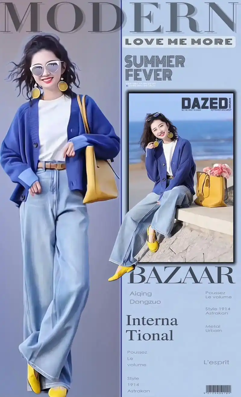 开春多巴胺三件套.姐妹们～蓝色v领开衫搭配纯白色t恤,下装阔 - 抖音